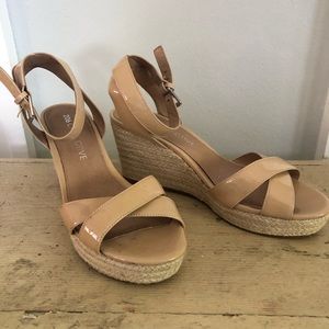 Beige/light tan patent leather ankle strap dress espadrilles